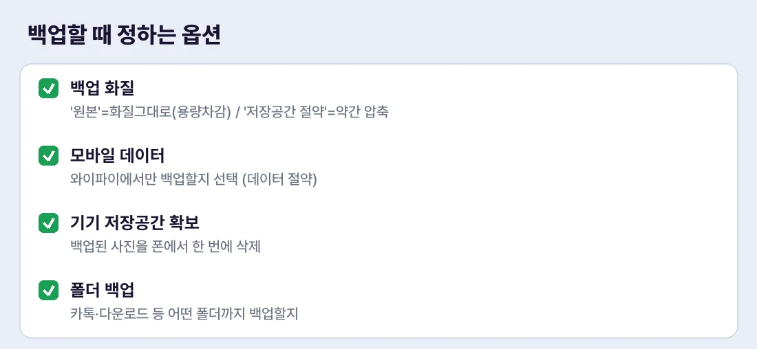 백업 전 화질·데이터·저장공간 옵션을 정해두세요