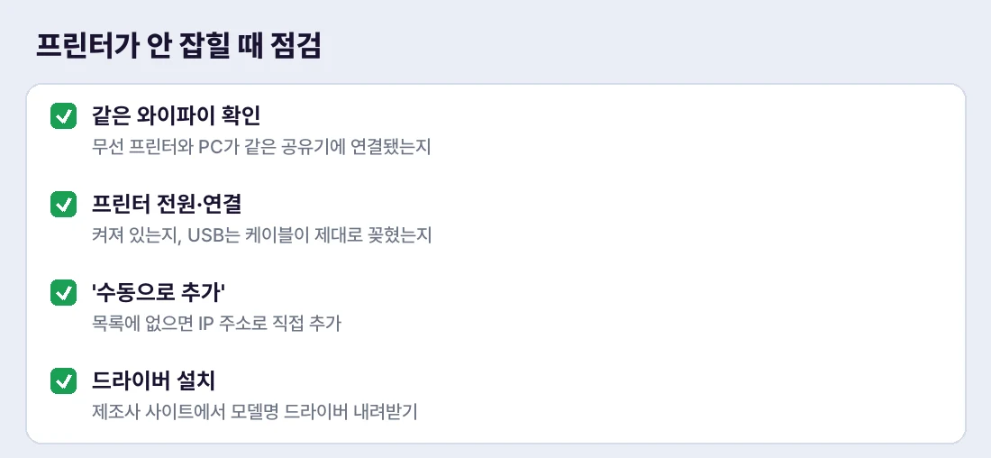 프린터가 안 잡힐 때 이 순서로 점검하세요